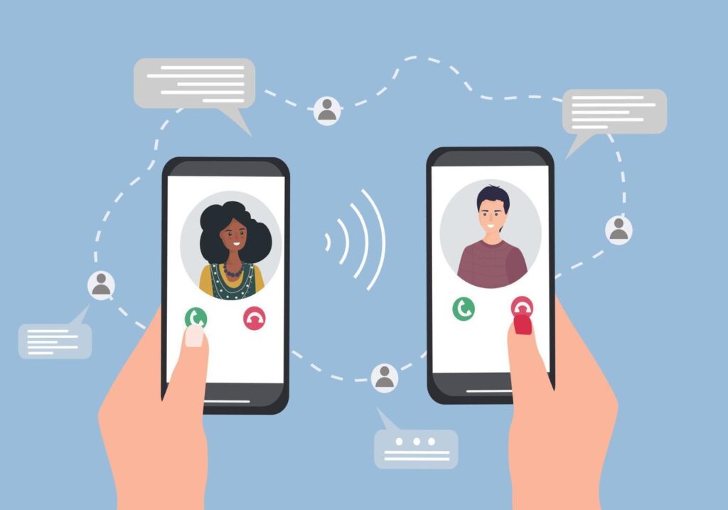 hands with a smartphone communicating on the phone through video calls and messages mobile apps and internet technology vector